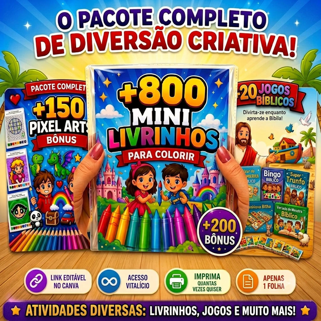 Pacote Completo: +800 Mini Livrinhos de Colorir, com bônus de Pixel Arts e Jogos Bíblicos