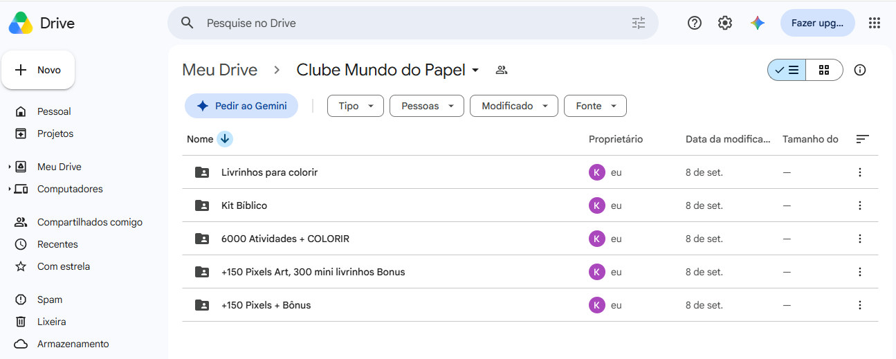 Print real da pasta Clube Mundo do Papel no Google Drive, organizada em Livrinhos para colorir, Kit Bíblico, Atividades e Pixel Arts